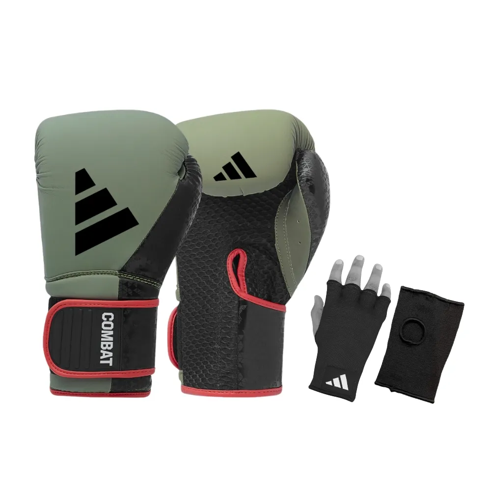 【adidas 愛迪達】Combat 50 綠黑拳擊手套+快速手綁帶超值組合(拳擊 泰拳 格鬥 搏擊 拳套 健身 有氧)