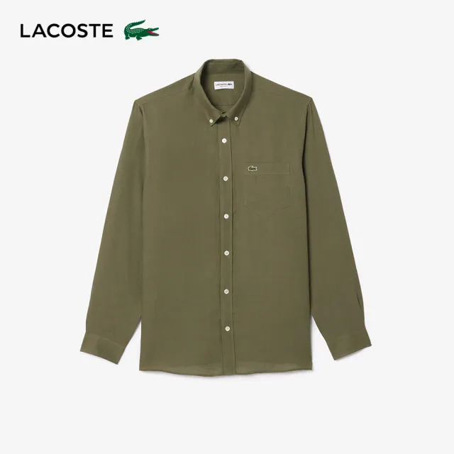 【LACOSTE】男裝-素色亞麻長袖襯衫(坦克綠)