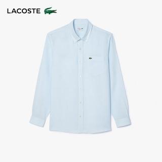 【LACOSTE】男裝-素色亞麻長袖襯衫(淺藍色)