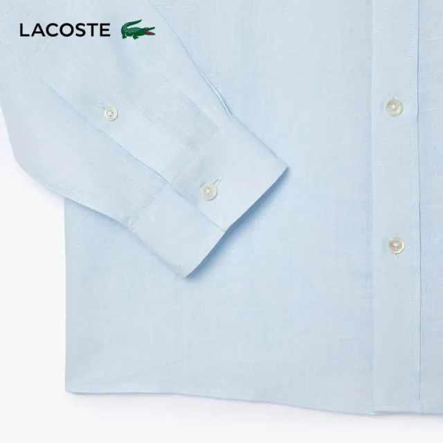 【LACOSTE】男裝-素色亞麻長袖襯衫(淺藍色)