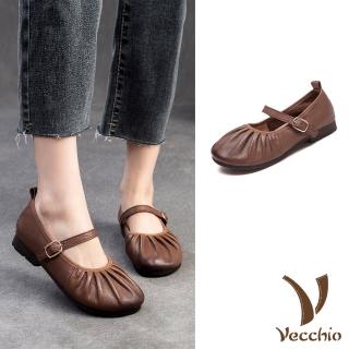 【Vecchio】真皮娃娃鞋 低跟娃娃鞋/真皮頭層牛皮淺口抓褶小圓頭百搭低跟娃娃鞋(棕)