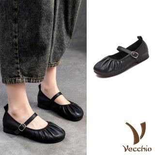 【Vecchio】真皮娃娃鞋 低跟娃娃鞋/真皮頭層牛皮淺口抓褶小圓頭百搭低跟娃娃鞋(黑)