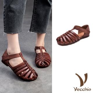 【Vecchio】真皮涼鞋 低跟涼鞋/真皮頭層牛皮復古魚骨縷空手工編織造型低跟涼鞋(咖)
