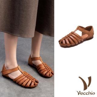 【Vecchio】真皮涼鞋 低跟涼鞋/真皮頭層牛皮復古魚骨縷空手工編織造型低跟涼鞋(棕)