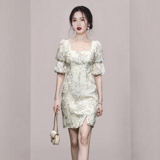【Very Buy 非常勸敗】預購/方領藕節泡泡袖收腰洋裝優雅氣質顯包臀開衩修身包臀裙