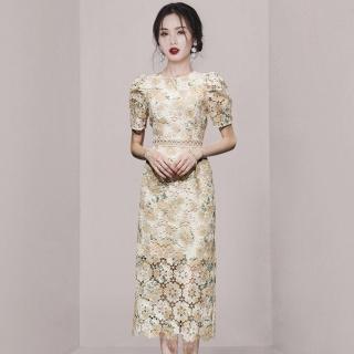 【Very Buy 非常勸敗】預購/輕奢時尚刺繡印花蕾絲露腰鏤空洋裝女裝夏多巴胺包臀裙