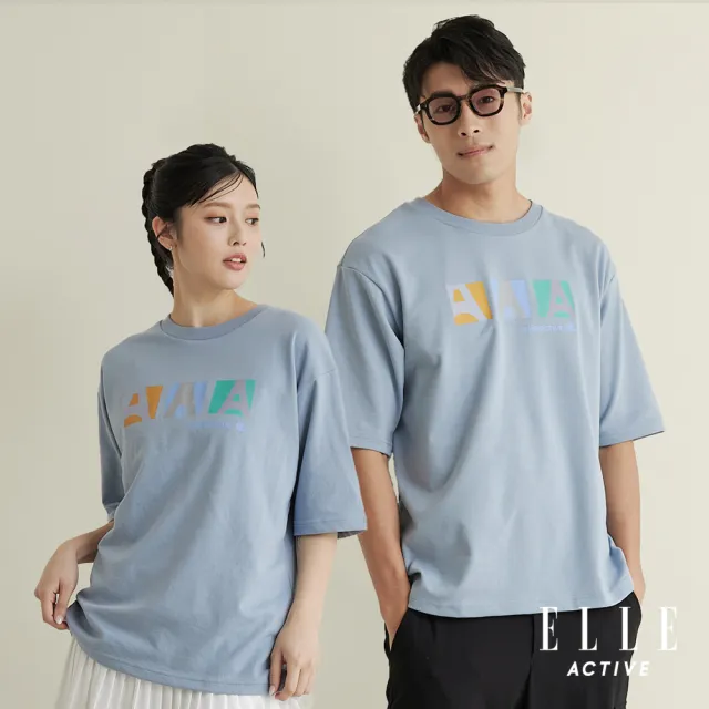 【ELLE ACTIVE】男女同款 寬版印花短袖T恤-藍色(EA24M2F1605#35)