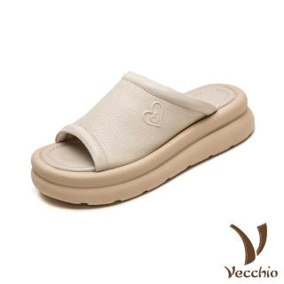 【Vecchio】真皮拖鞋 厚底拖鞋/真皮頭層牛皮典雅愛心浮雕鬆糕厚底拖鞋(米)