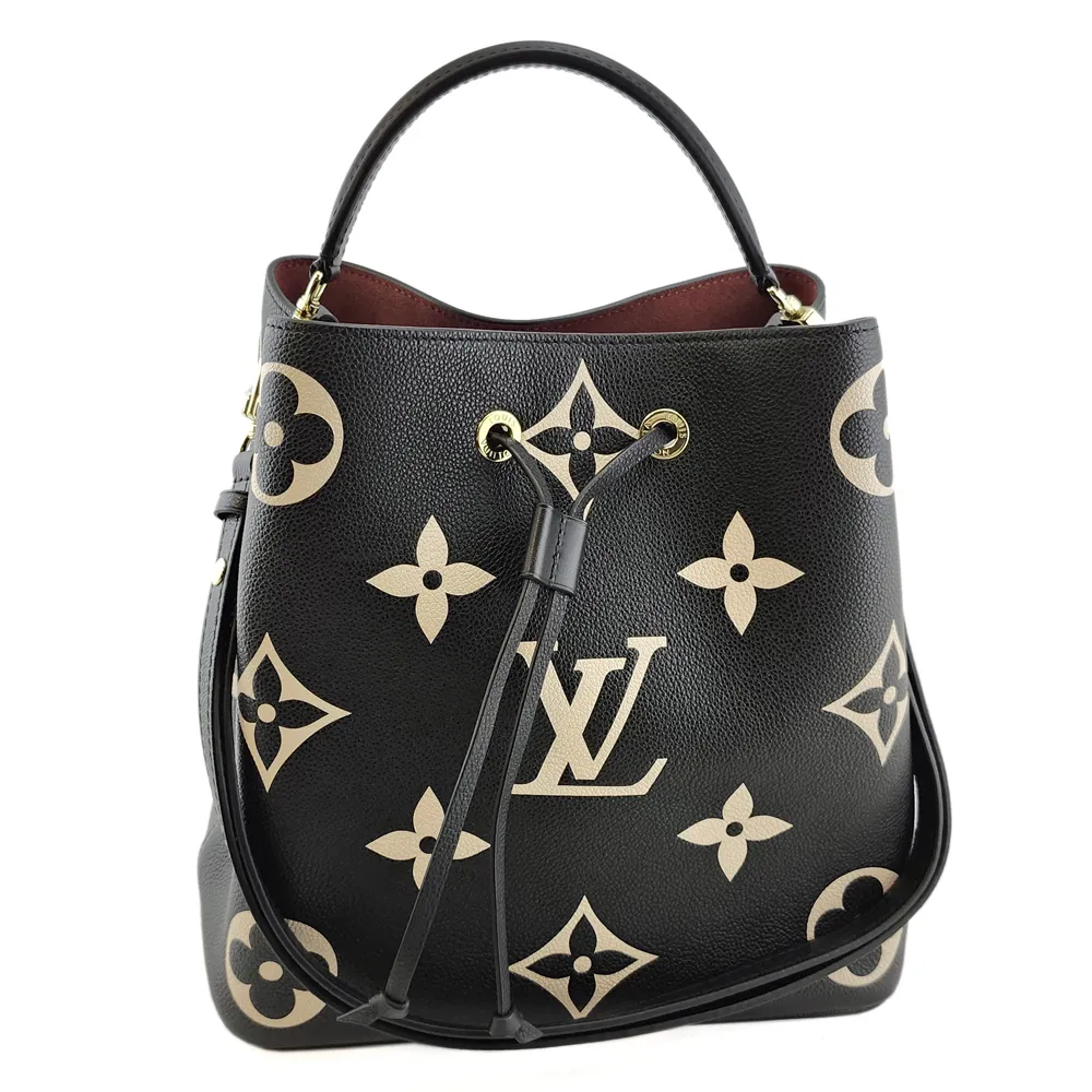 【Louis Vuitton 路易威登】米色Monogram花紋黑色牛皮斜背束口水桶包(展示品)