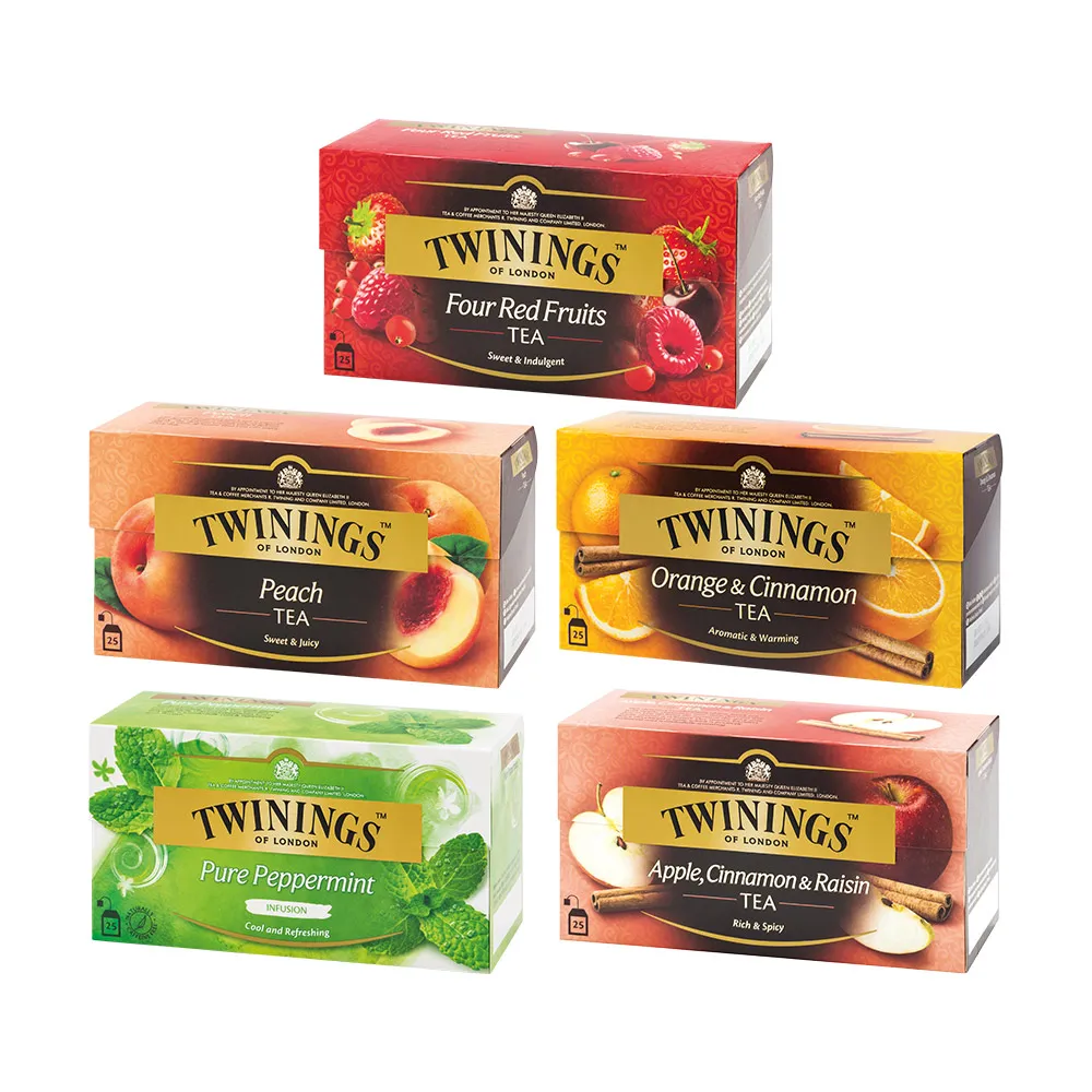 【Twinings 唐寧茶】調味茶包 25包x3盒(四紅果茶/沁心薄荷/香甜蜜桃/香橙肉桂/異國香蘋)