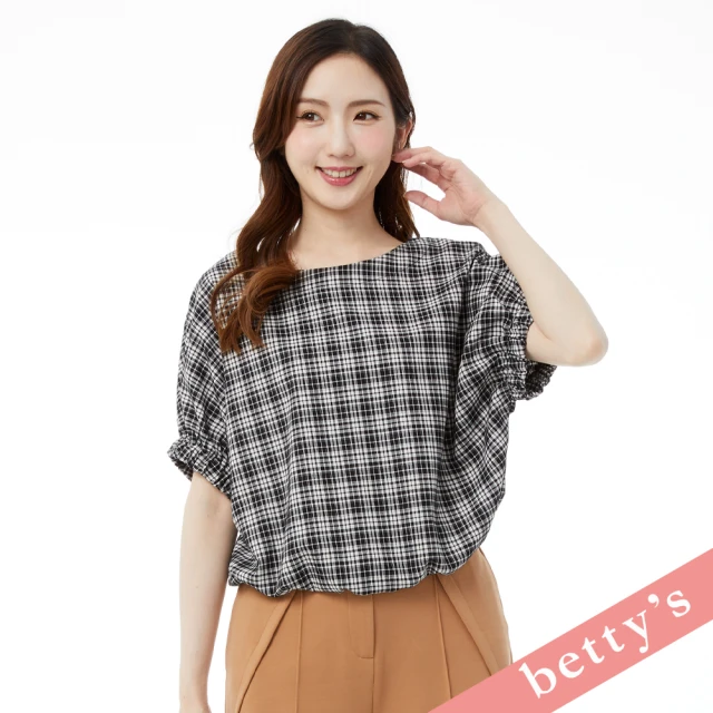 betty’s 貝蒂思 知性格紋下擺鬆緊落肩上衣(黑色)