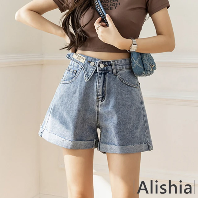 Alishia 休閒薄款高腰捲邊闊腿牛仔短褲 S-2XL(現