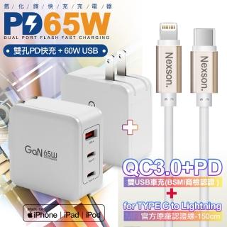 【CITYBOSS】65W 氮化鎵快充白+NEXSON 蘋果認證 Type-C to Lightning-金色(1A2C)