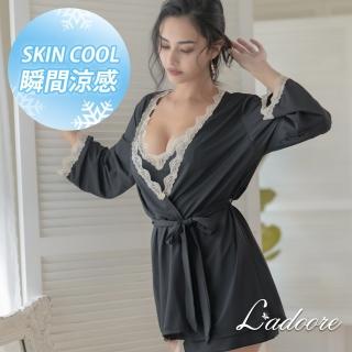 【L’adoore 蕾朵兒】慵懶假期 絲滑緞面高質感睡袍 黑(舒適 絲緞 柔軟 睡裙 睡衣 蕾絲)