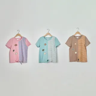 【Dailo】狗狗三兄弟條紋拼接綁帶短袖上衣(粉 綠 咖)