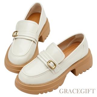 【Grace Gift】復古圓頭方釦輕量中跟樂福鞋(米白)