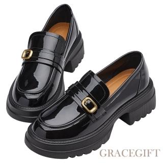 【Grace Gift】復古圓頭方釦輕量中跟樂福鞋(黑漆)