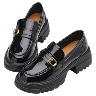 【Grace Gift】復古圓頭方釦輕量中跟樂福鞋(黑漆)