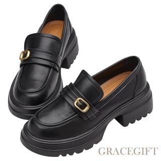 【Grace Gift】復古圓頭方釦輕量中跟樂福鞋(黑)