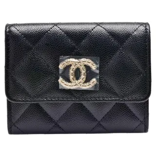 【CHANEL 香奈兒】經典迴紋針金色雙C LOGO菱格粒紋牛皮印花內襯雙層零錢包(黑色AP4088C-BLK-GP)