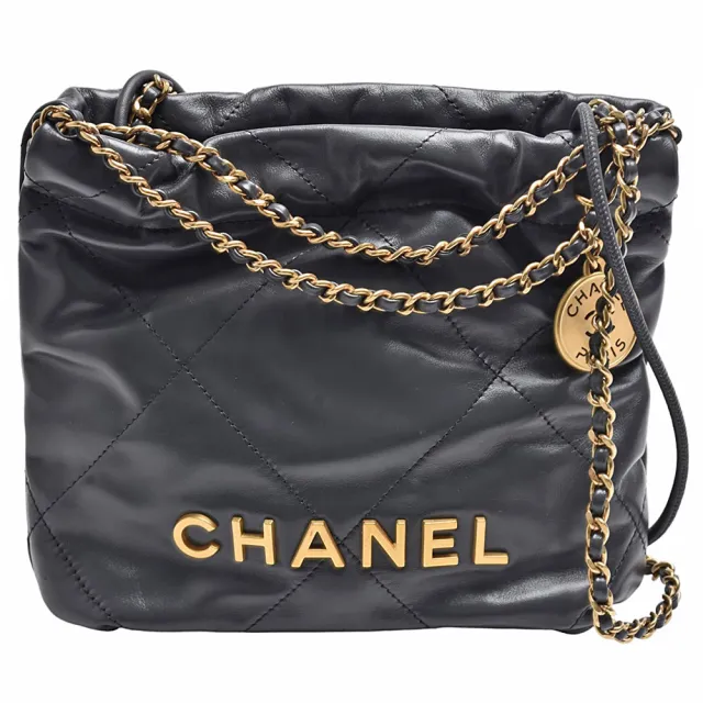【CHANEL 香奈兒】經典22系列品牌LOGO大菱格紋亮面小牛皮手提/斜背包(迷你-灰色)『entrupy安心購』