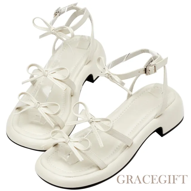 【Grace Gift】氣質細帶蝴蝶結繫踝中跟涼鞋(白)
