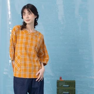 【MOSS CLUB】格紋拼接碗豆口袋圓領七分袖上衣(黑 黃/魅力商品)