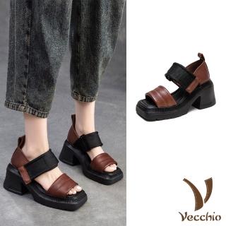 【Vecchio】真皮涼鞋 厚底涼鞋 高跟涼鞋/真皮頭層牛皮撞色方頭防水臺厚底高跟涼鞋(咖)