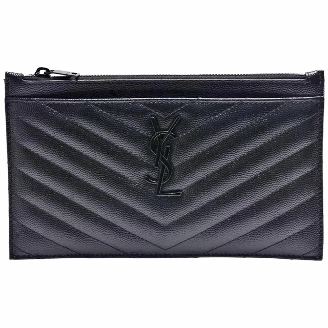 【YSL】MONOGRAM系列V字縫線小牛皮同色金屬LOGO拉鍊手拿包/長夾(黑色636312-BOW08-1000)