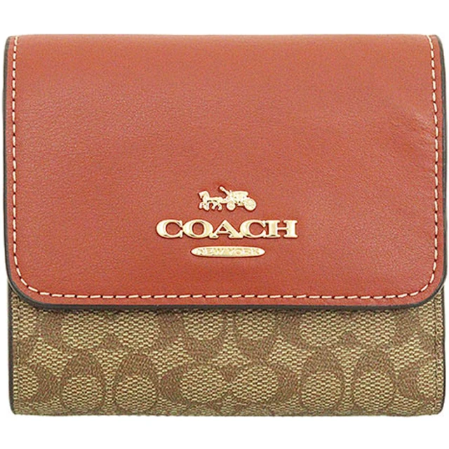 COACH 紅棕X卡其PVC滿版LOGO三折式零錢袋短夾