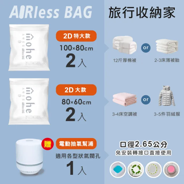 【mohe 木暉居家】4加1電動幫浦2D彈蓋免抽氣壓縮袋AIRless BAG(獨家花色 棉被收納袋 旅行真空袋 換季收納)