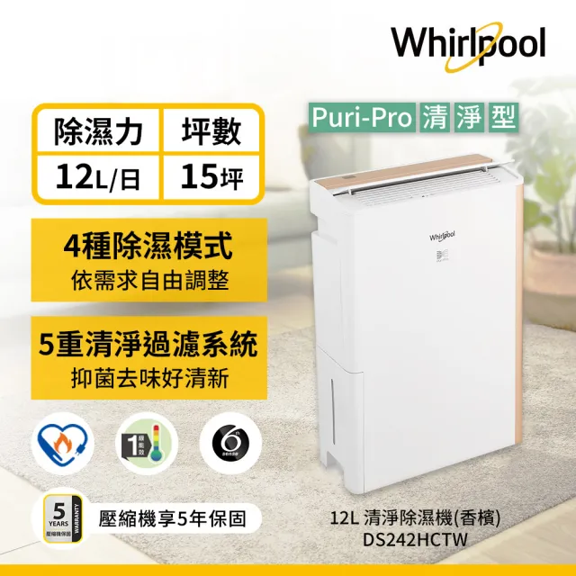 【Whirlpool 惠而浦】一級能效12公升節能清淨除濕機DS242HCTW(貨物稅減免$1200)