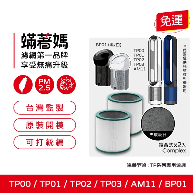 【蟎著媽】濾網2入優惠組(適用 Dyson 戴森 TP00 TP01 TP02 TP03 AM11 BP01 二合一涼風扇空氣清淨機)