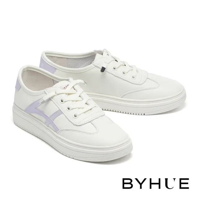 【BYHUE】韓系簡約牛皮撞色線條彈綁帶軟芯厚底休閒鞋(紫)