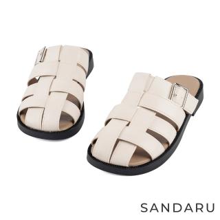 【SANDARU 山打努】穆勒鞋 真皮編織羅馬平底拖鞋(米白)