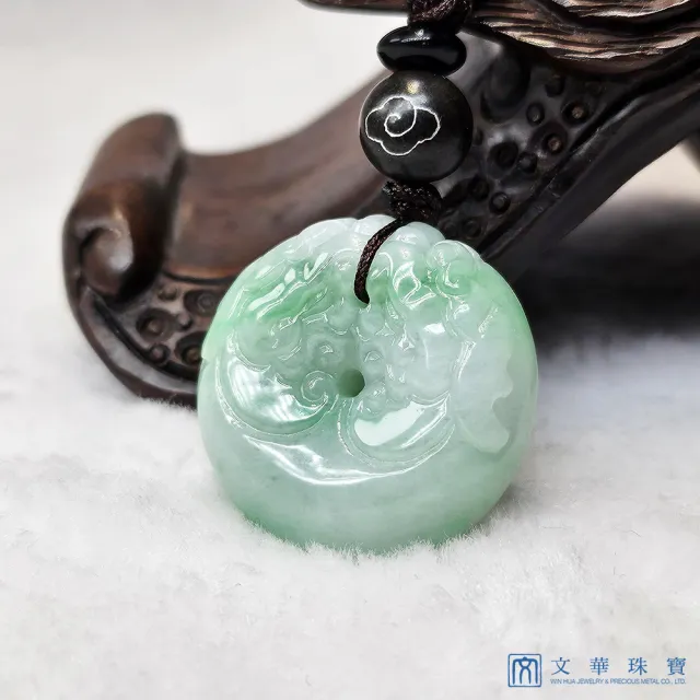 【文華珠寶】翡翠白底青平安龍扣 贈精美中國繩乙入(龍扣 平安扣)