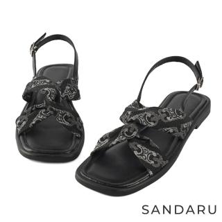 【SANDARU 山打努】涼鞋 復古扭結圖騰布平底涼鞋(黑)