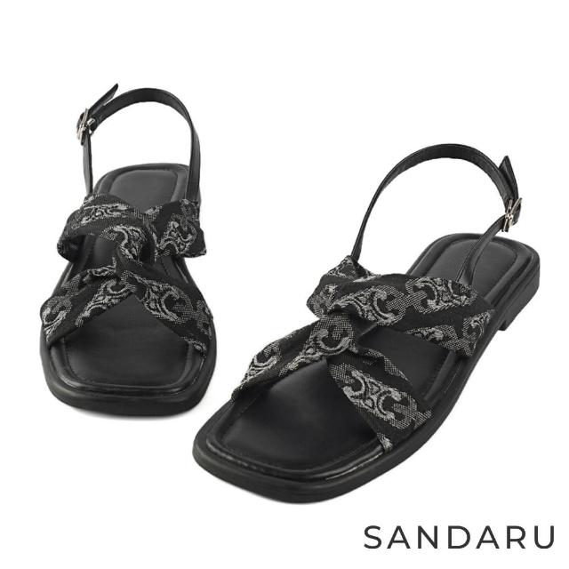 【SANDARU 山打努】涼鞋 復古扭結圖騰布平底涼鞋(黑)