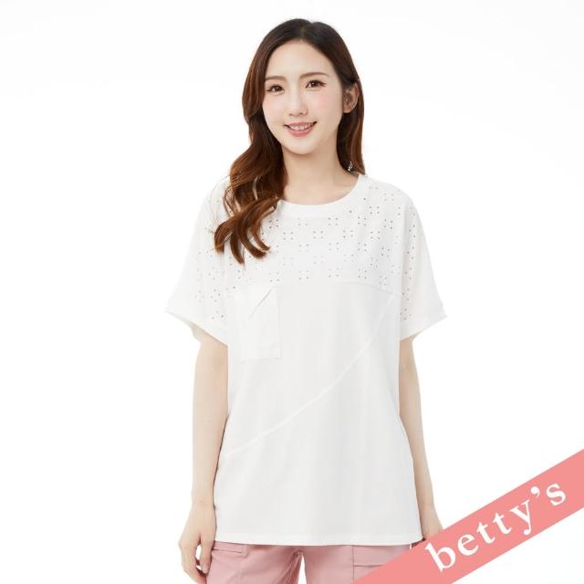 【betty’s 貝蒂思】鏤空蕾絲拼接斜剪裁落肩T-shirt(白色)