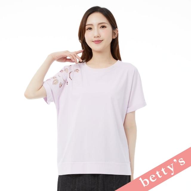 【betty’s 貝蒂思】繡線玫瑰鏤空葉子落肩T-shirt(淺紫)