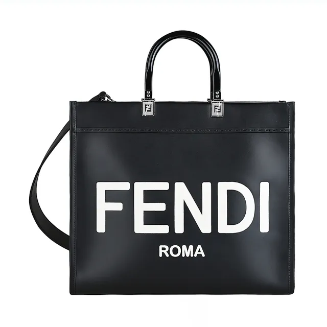 【FENDI 芬迪】FENDI Sunshine經典壓印白字 LOGO 設計牛皮手提肩背包(中型/黑x白)