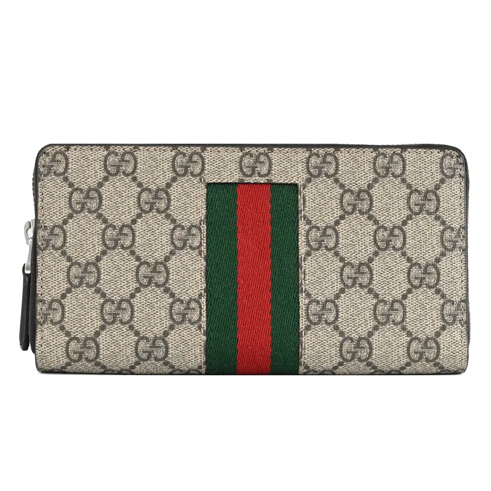 【GUCCI 古馳】經典雙G LOGO印花條紋織帶拼接拉鍊發財零錢長夾(駝色)