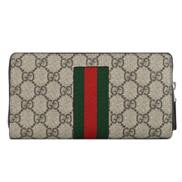 【GUCCI 古馳】經典雙G LOGO印花條紋織帶拼接拉鍊發財零錢長夾(駝色)