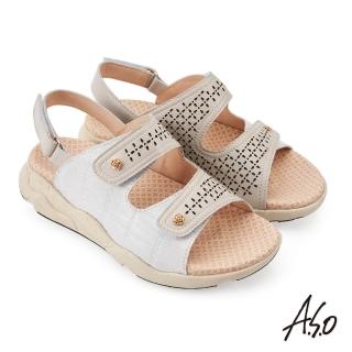 【A.S.O 阿瘦集團】A.S.O全能舒壓系列真皮拼接沖孔裝飾涼拖鞋(白灰)