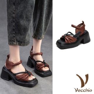 【Vecchio】真皮涼鞋 厚底涼鞋 高跟涼鞋/真皮頭層牛皮撞色方頭蝴蝶結繫帶防水臺厚底高跟涼鞋(咖)