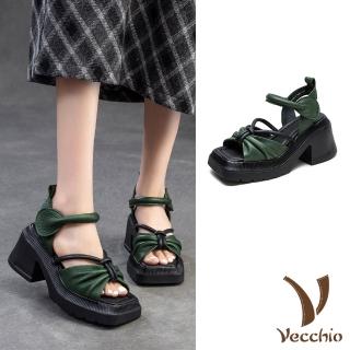 【Vecchio】真皮涼鞋 厚底涼鞋 高跟涼鞋/真皮頭層牛皮撞色方頭蝴蝶結繫帶防水臺厚底高跟涼鞋(綠)