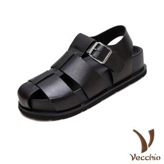【Vecchio】真皮涼鞋 厚底涼鞋 羅馬涼鞋/真皮頭層牛皮輕量厚底縷空包頭羅馬涼鞋(黑)