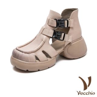 【Vecchio】真皮涼鞋 厚底涼鞋 羅馬涼鞋/真皮頭層牛皮復古縷空皮帶扣設計鬆糕厚底羅馬涼鞋(米)