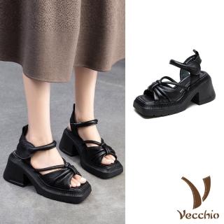 【Vecchio】真皮涼鞋 厚底涼鞋 高跟涼鞋/真皮頭層牛皮撞色方頭蝴蝶結繫帶防水臺厚底高跟涼鞋(黑)