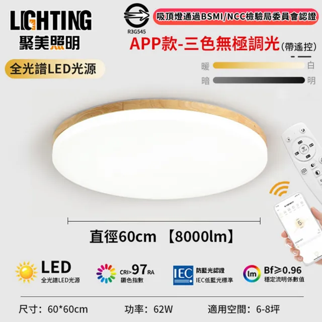 【聚美照明】吸頂燈 led原木吸頂燈 全光譜護眼燈8000lm 附遙控無極調光(LED吸頂燈/原木吸頂燈/調光吸頂燈)